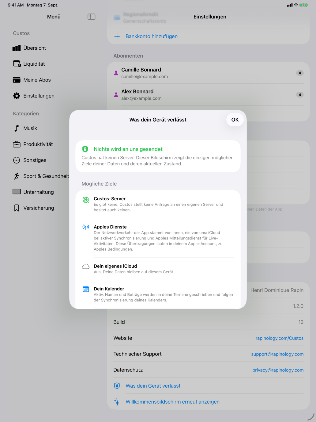 Der Bildschirm listet die einzigen möglichen Ziele Ihrer Daten und deren Status auf. — Custos, iPad
