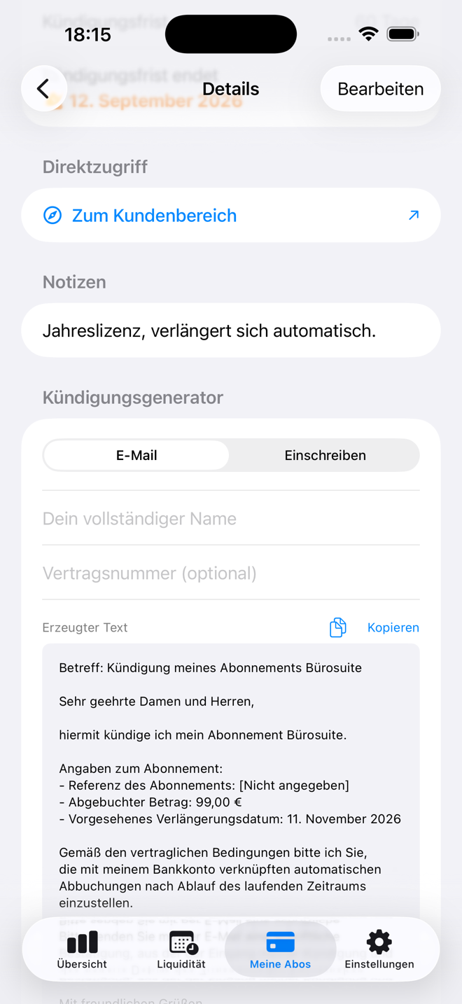 E-Mail oder Einschreiben, Betrag, Referenz und Datum bereits ausgefüllt. — Custos, iPhone