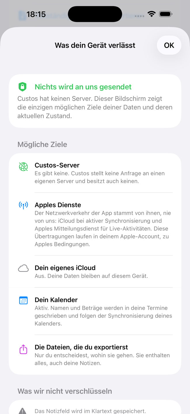 Der Bildschirm listet die einzigen möglichen Ziele Ihrer Daten und deren Status auf. — Custos, iPhone