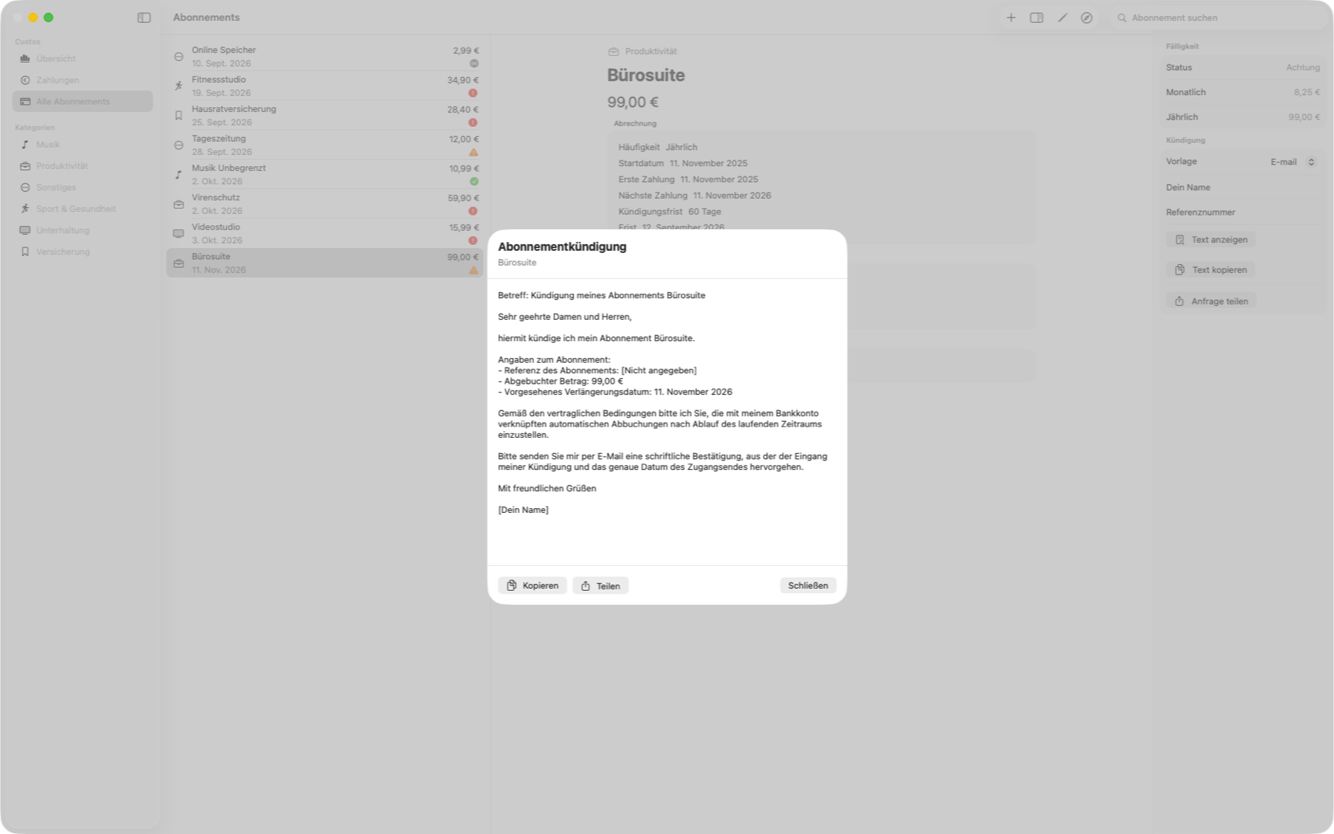E-Mail oder Einschreiben, Betrag, Referenz und Datum bereits ausgefüllt. — Custos, Mac