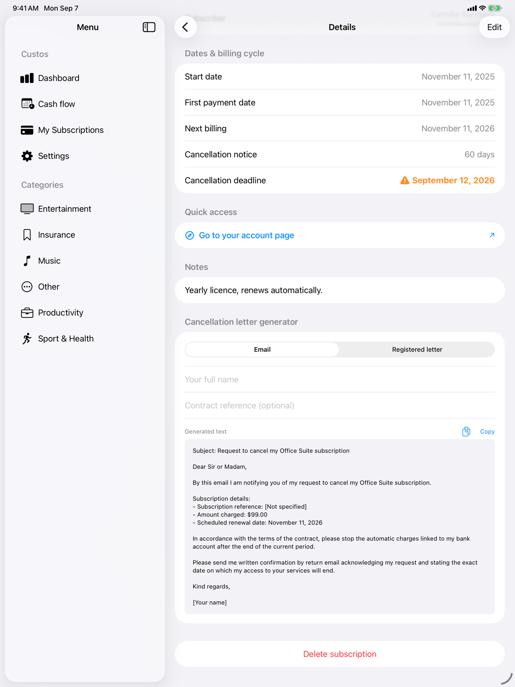 Email or registered letter, amount, reference and date already filled in. — Custos, iPad