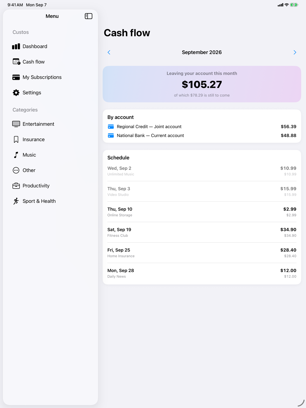 The month’s outgoings, split by bank account, with a day-by-day schedule. — Custos, iPad