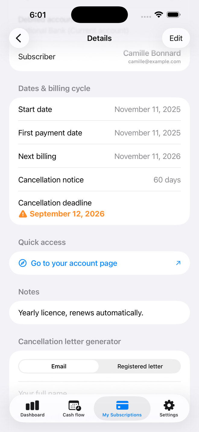 The cancellation deadline, worked out from the notice period, and its alert. — Custos, iPhone