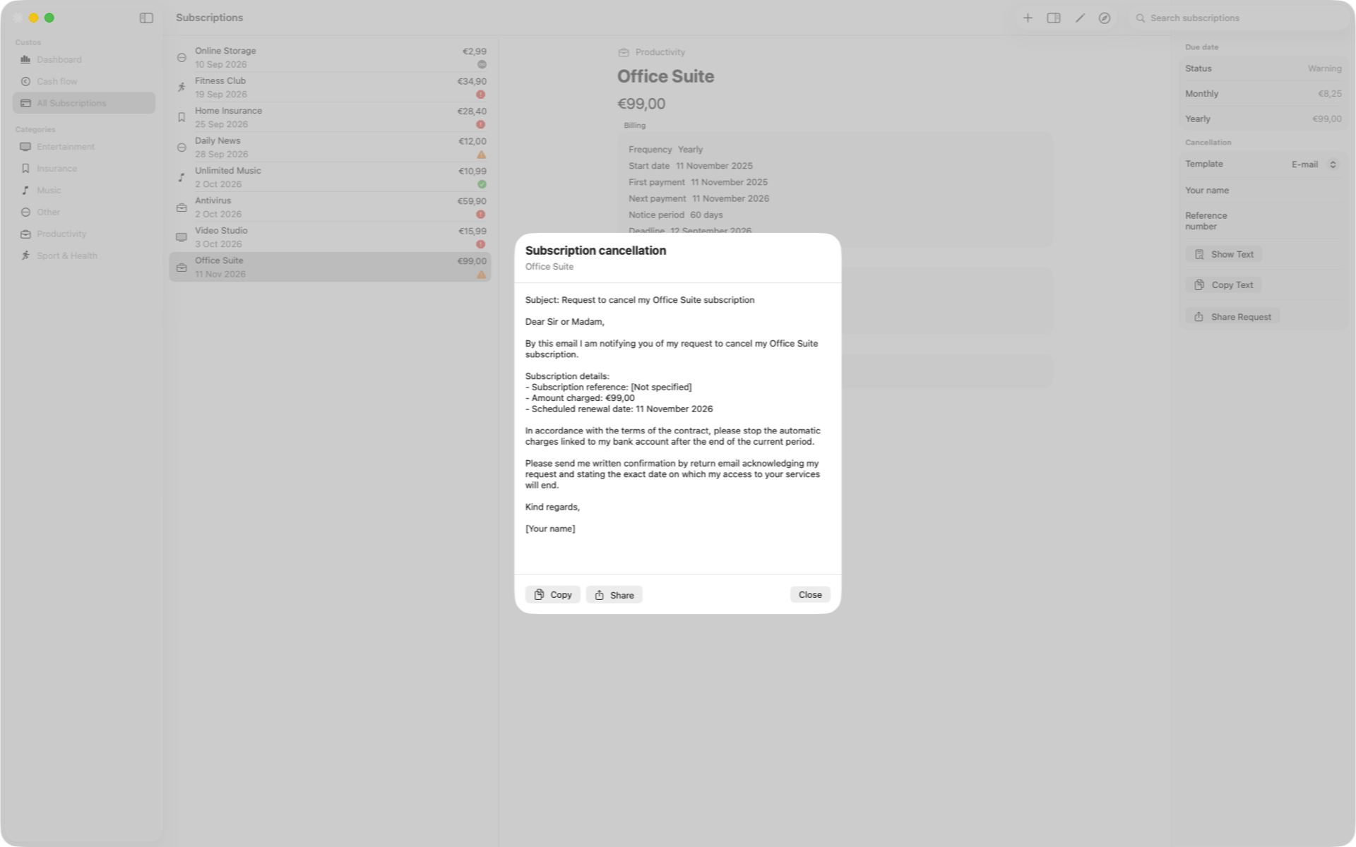 Email or registered letter, amount, reference and date already filled in. — Custos, Mac