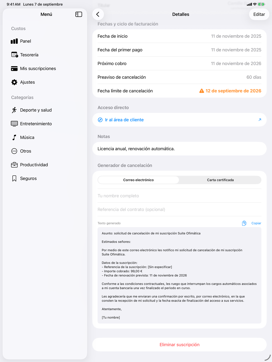 Correo o carta certificada, con importe, referencia y fecha ya rellenados. — Custos, iPad