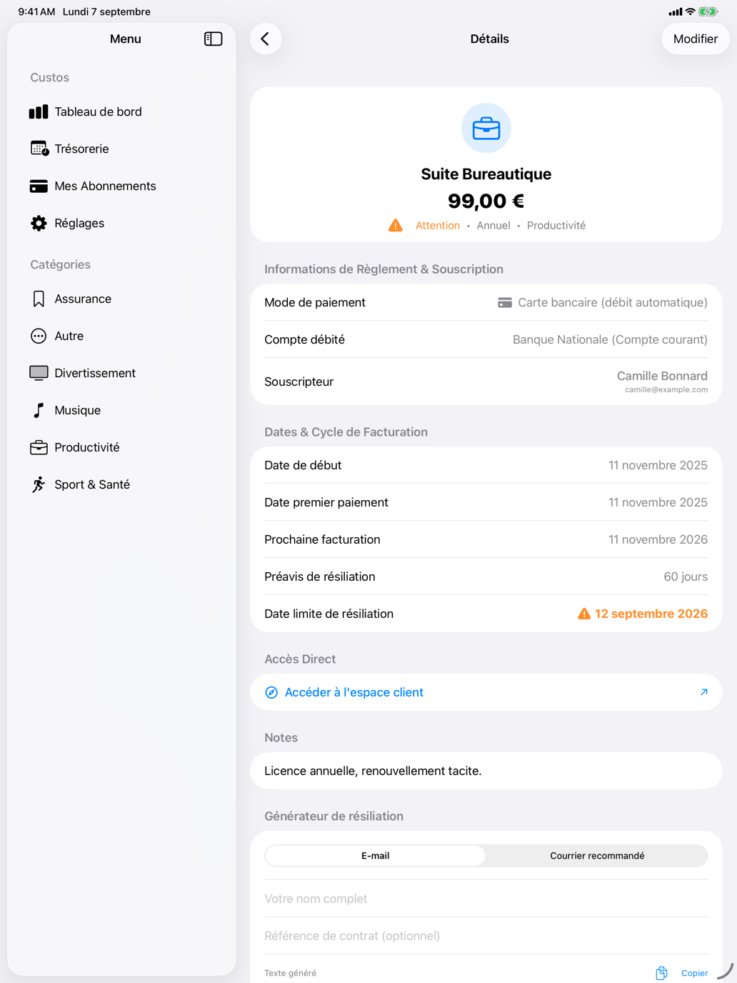 La date limite de résiliation, déduite du préavis, et l’alerte qui l’accompagne. — Custos, iPad