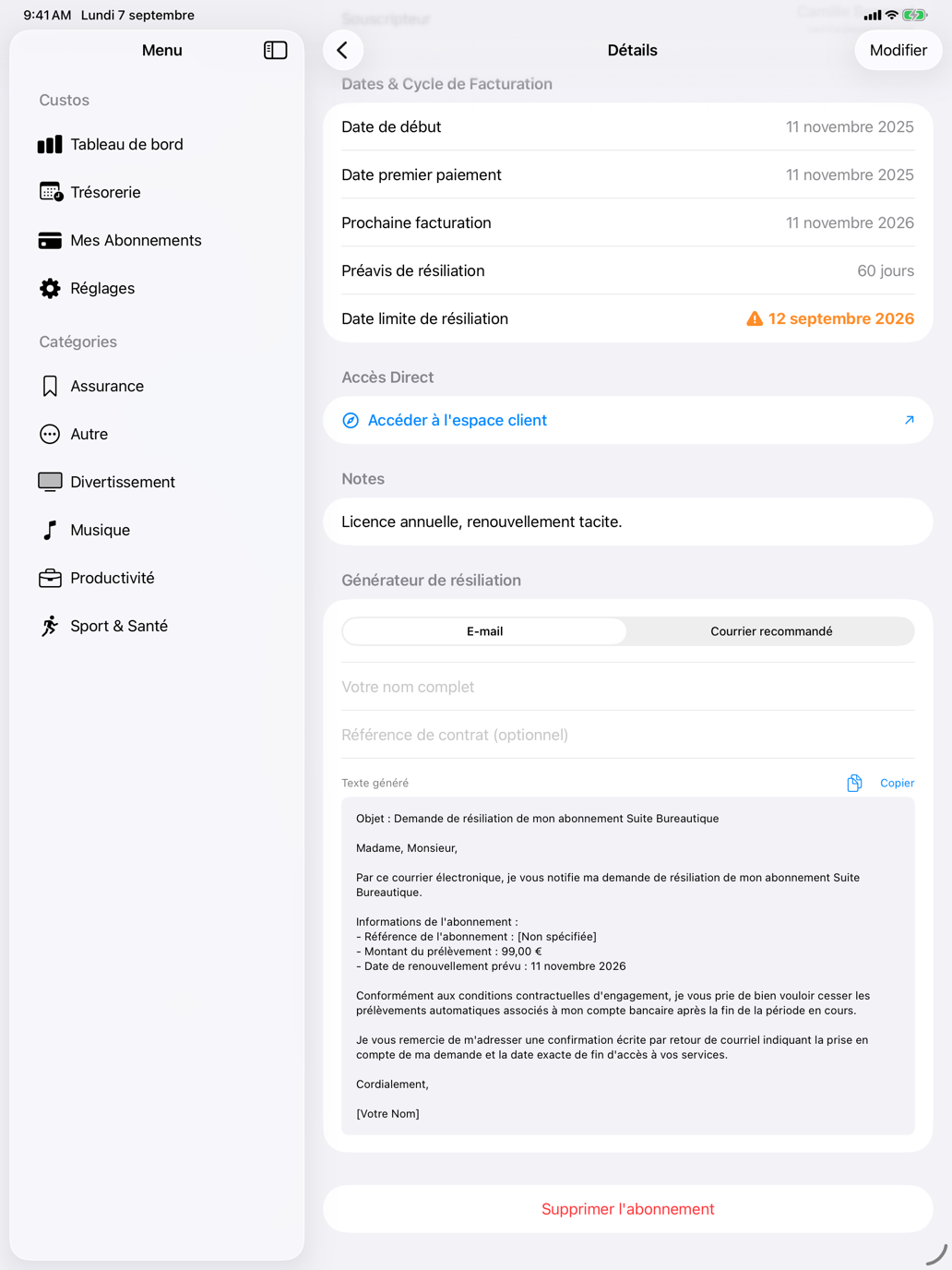 E-mail ou courrier recommandé, montant, référence et date déjà remplis. — Custos, iPad