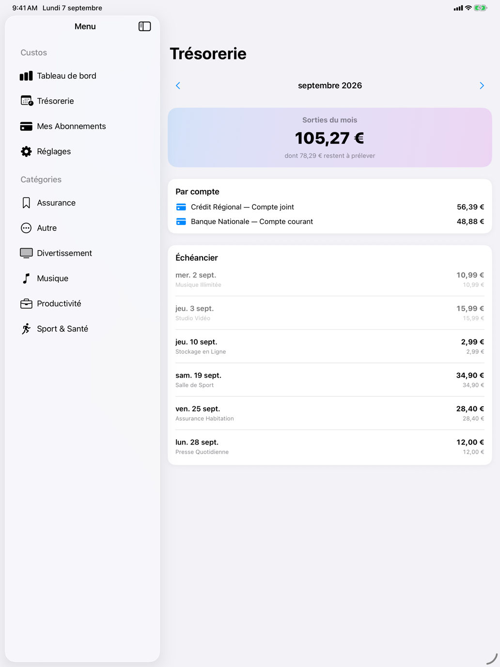 Sorties du mois, ventilation par compte bancaire et échéancier jour par jour. — Custos, iPad