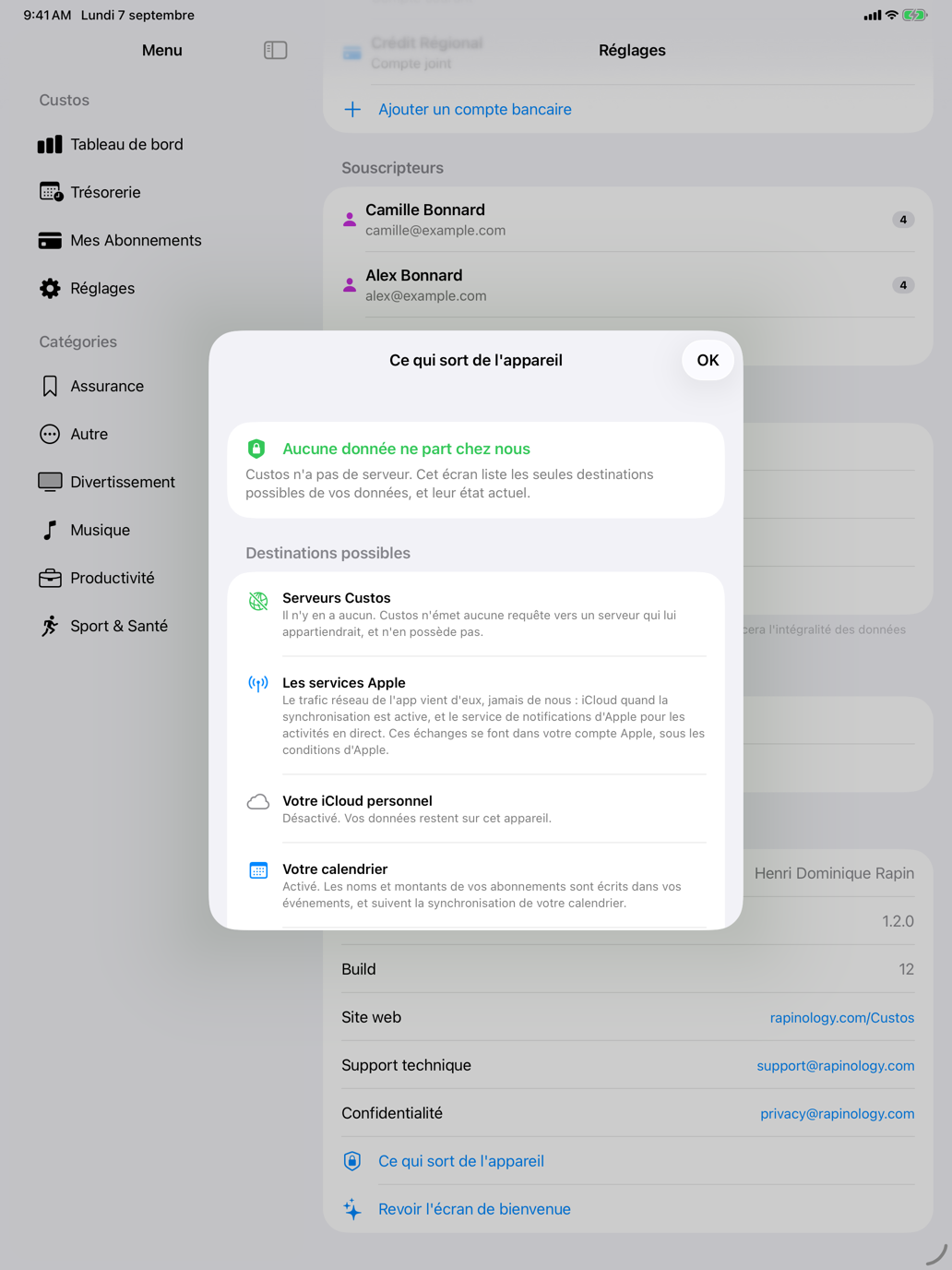 L’écran énumère les seules destinations possibles de vos données, et leur état. — Custos, iPad