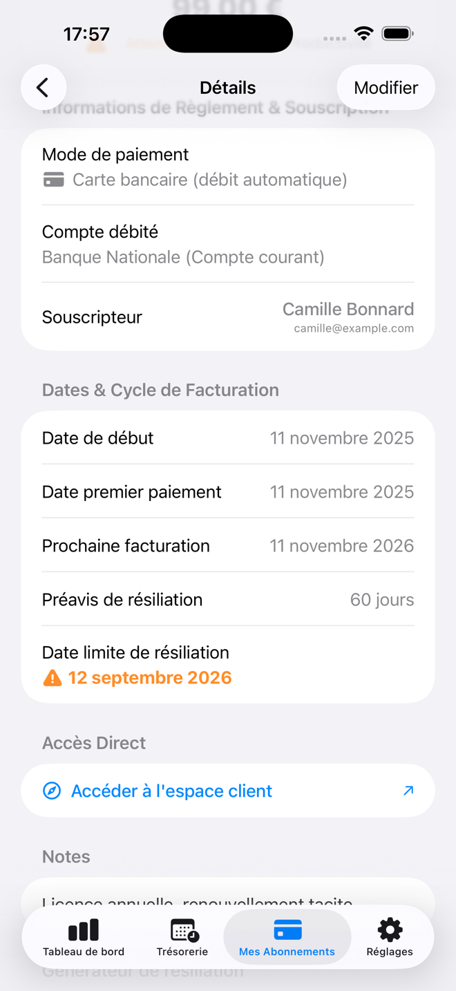 La date limite de résiliation, déduite du préavis, et l’alerte qui l’accompagne. — Custos, iPhone
