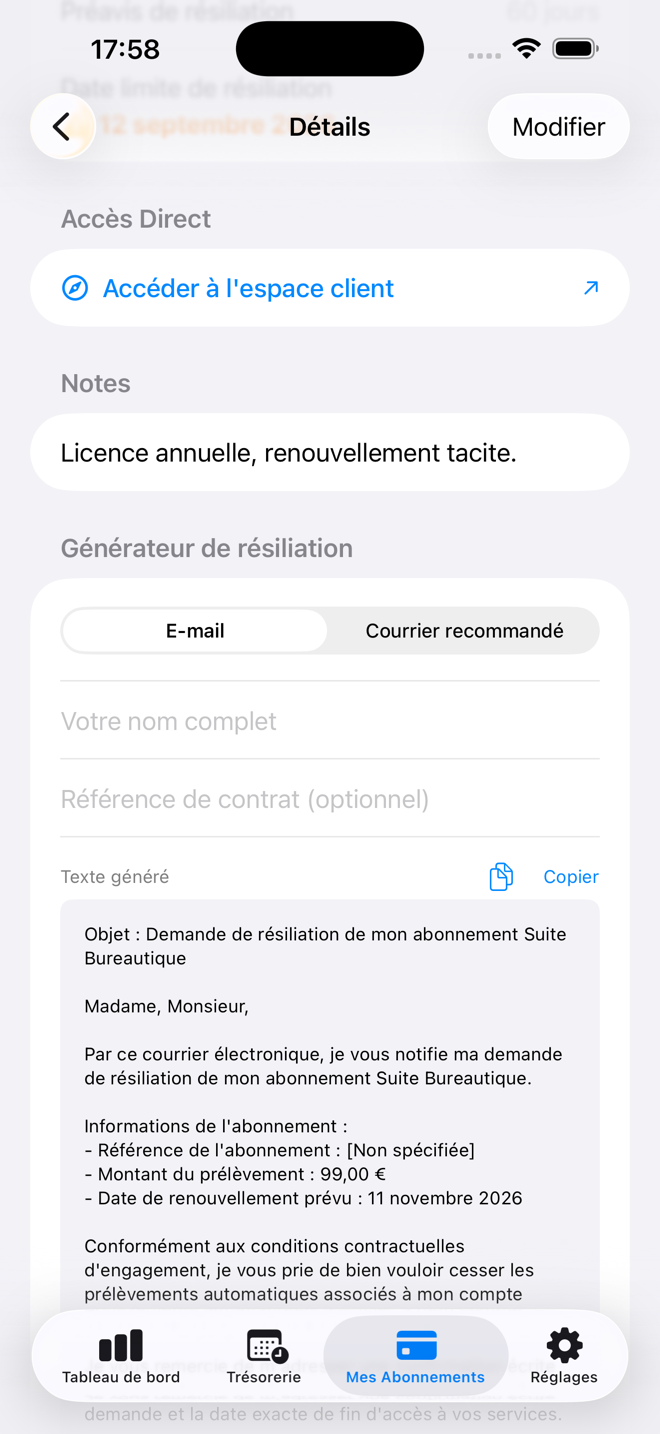 E-mail ou courrier recommandé, montant, référence et date déjà remplis. — Custos, iPhone