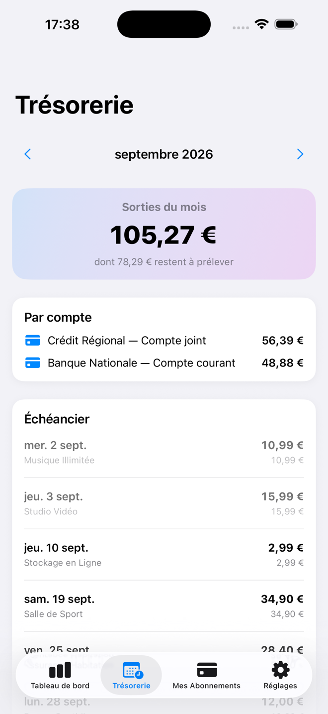 Sorties du mois, ventilation par compte bancaire et échéancier jour par jour. — Custos, iPhone