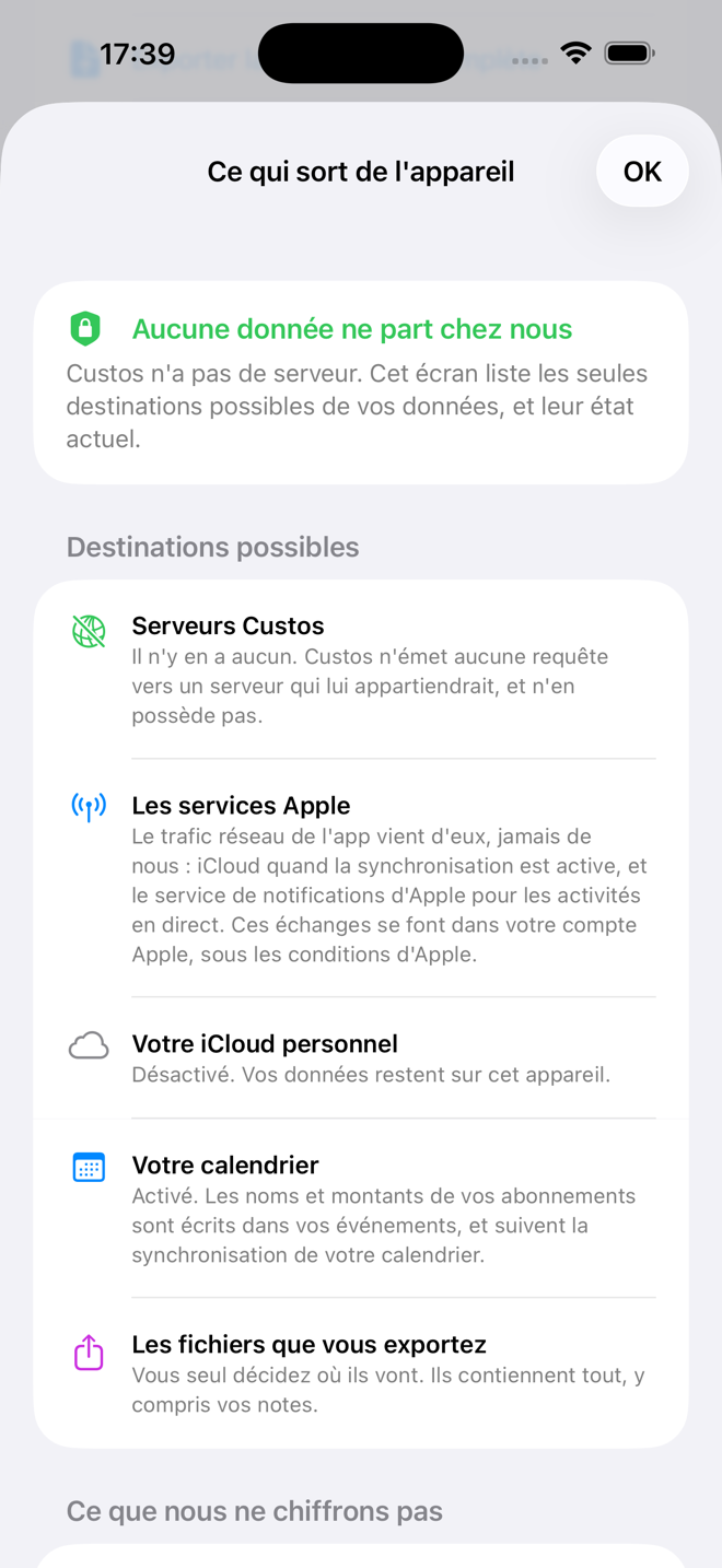 L’écran énumère les seules destinations possibles de vos données, et leur état. — Custos, iPhone