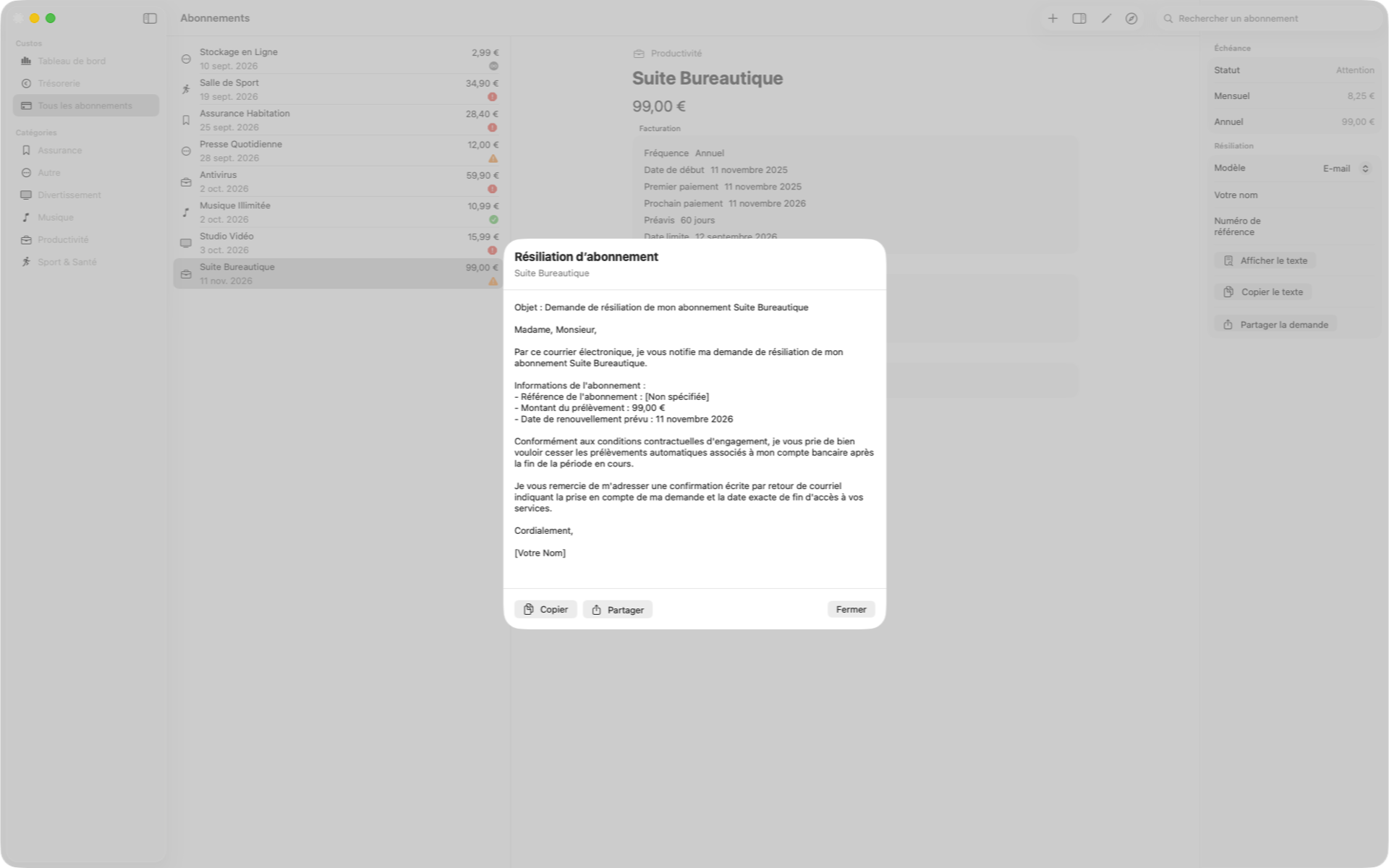 E-mail ou courrier recommandé, montant, référence et date déjà remplis. — Custos, Mac