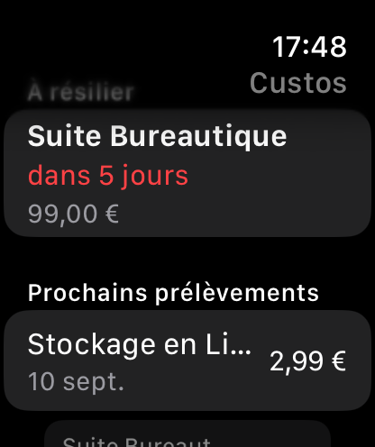 Les prochains prélèvements, sans sortir votre iPhone. — Custos, Apple Watch