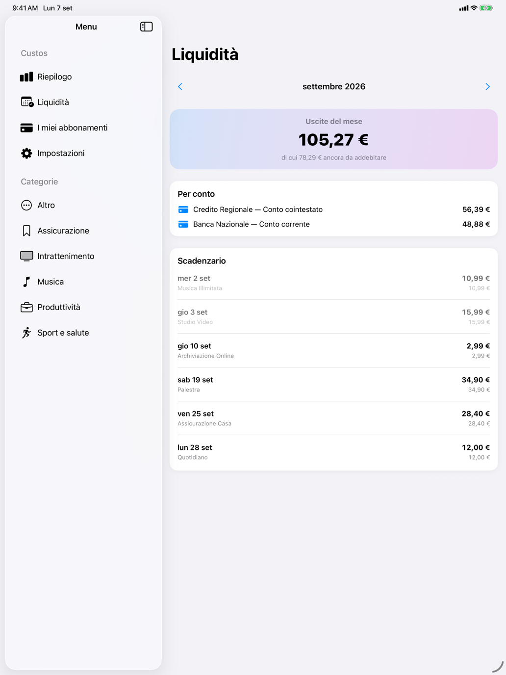 Uscite del mese, ripartite per conto bancario, con scadenzario giorno per giorno. — Custos, iPad