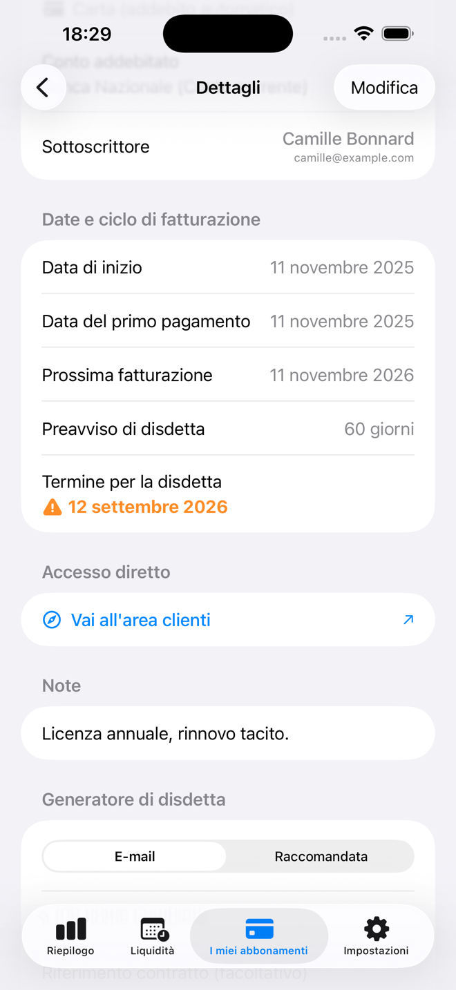 La data limite di disdetta, dedotta dal preavviso, con il relativo avviso. — Custos, iPhone