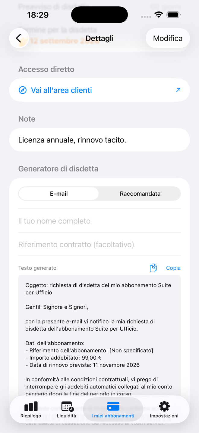E-mail o raccomandata, con importo, riferimento e data già compilati. — Custos, iPhone