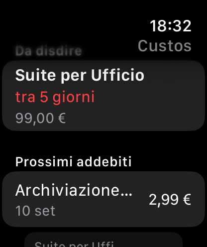 I prossimi addebiti, senza tirare fuori l’iPhone. — Custos, Apple Watch