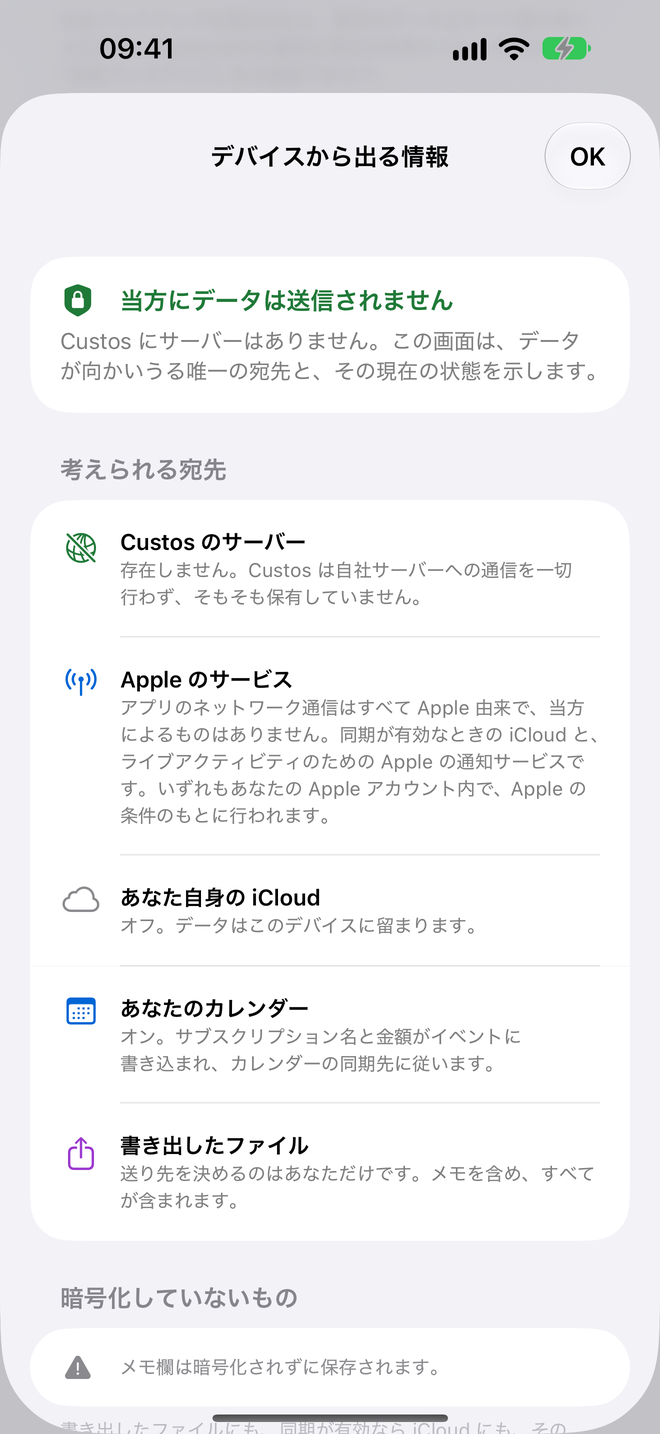プライバシーの画面。データの送り先になり得る場所と、その現在の状態。 — Custos, iPhone