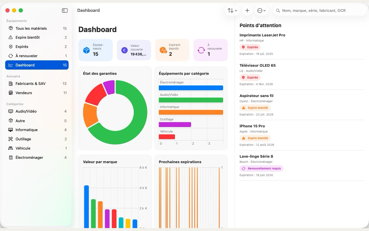 Tableau de bord Durabilis avec indicateurs, graphiques de garanties, catégories et prochaines expirations