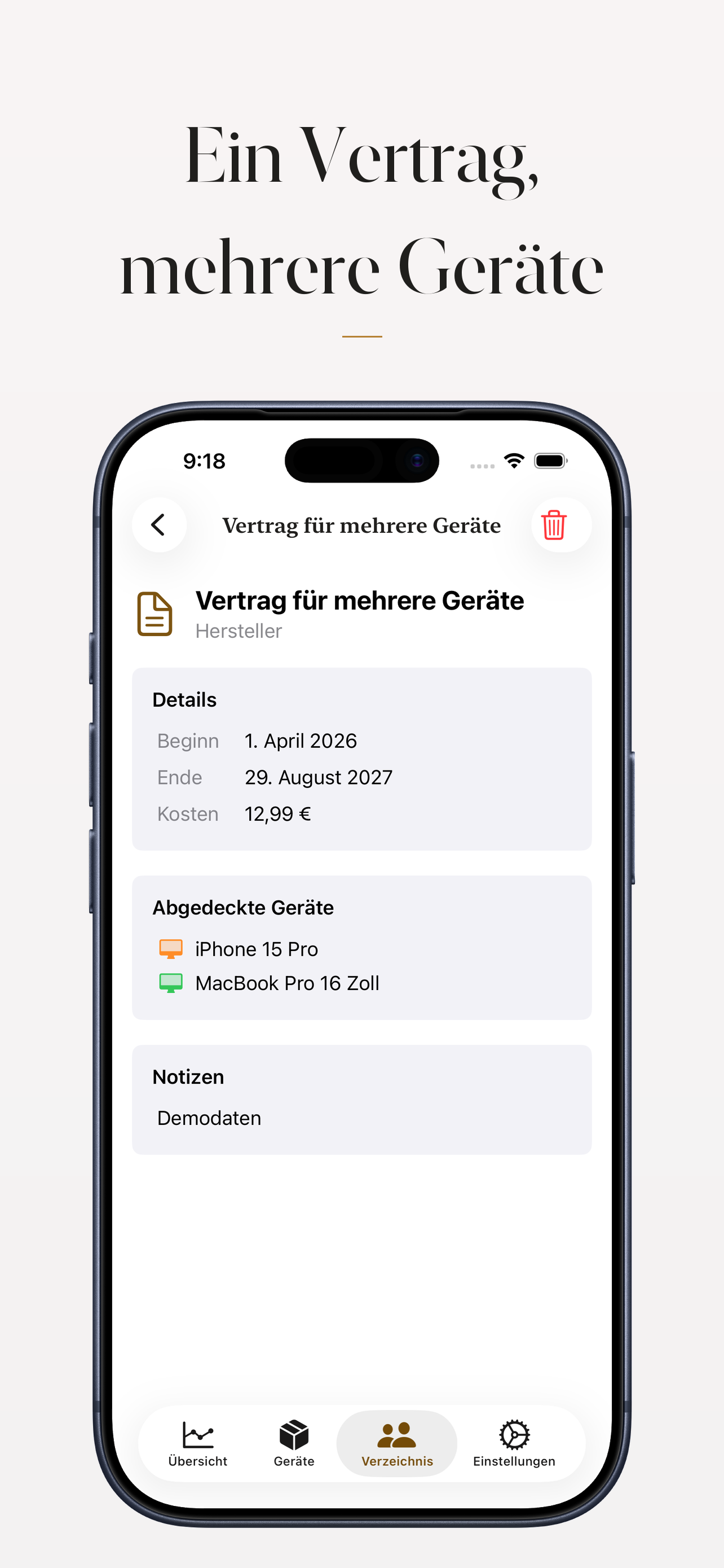 Vertrag für mehrere Geräte und die Liste der abgedeckten Geräte