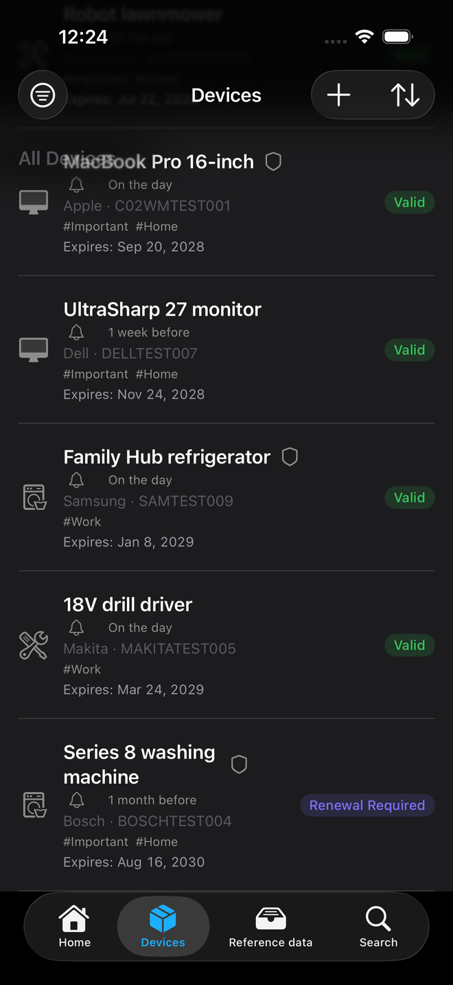 列出到期日期和保修状态的设备列表 — Durabilis, iPhone