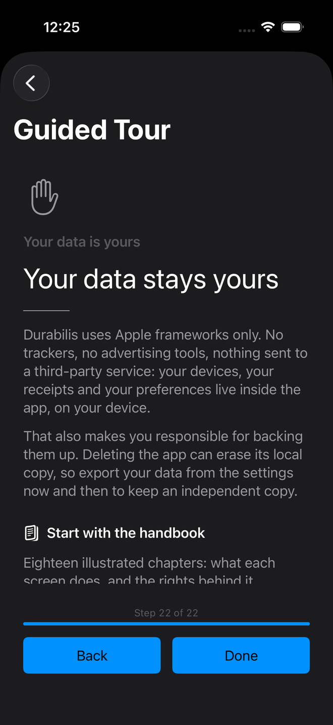导览的最后一步:你的数据留在你的设备上 — Durabilis, iPhone