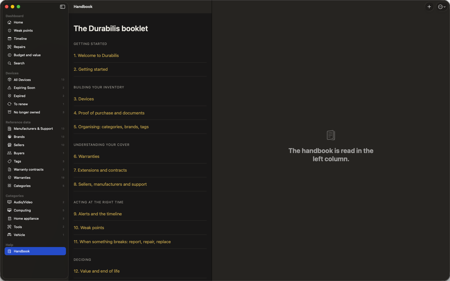 主窗口中的 Durabilis 手册目录 — Durabilis, Mac