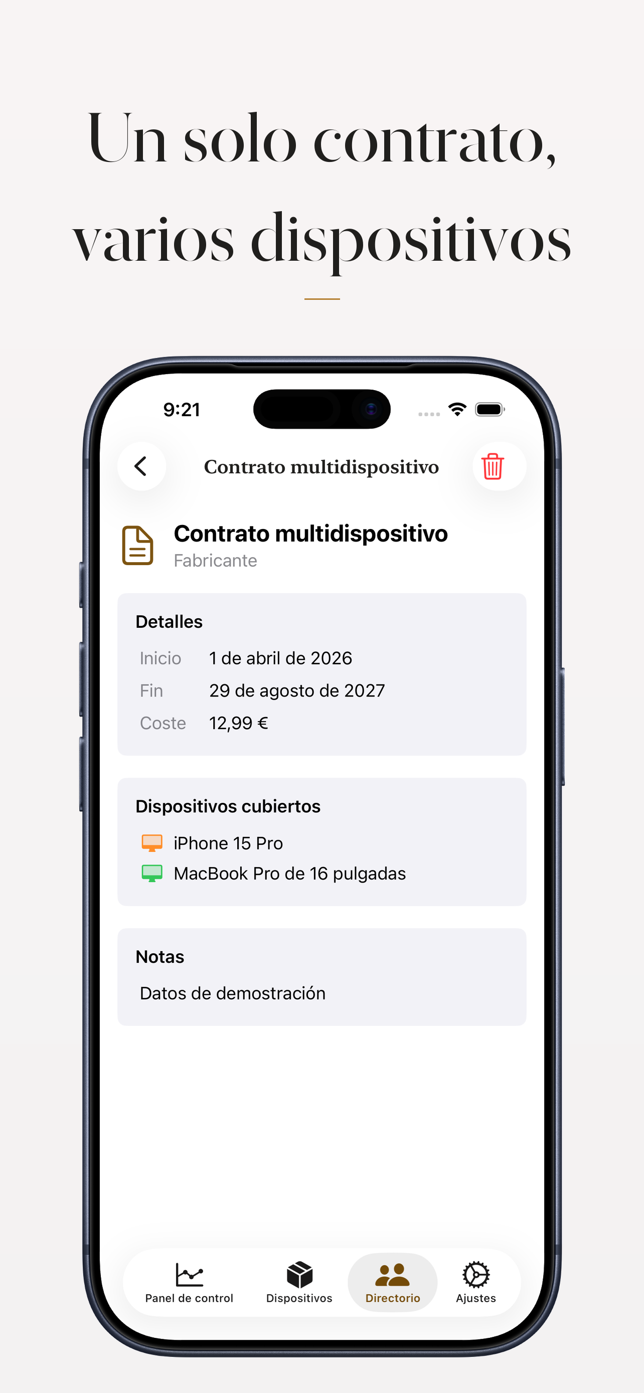 Contrato que cubre varios dispositivos y la lista de equipos incluidos