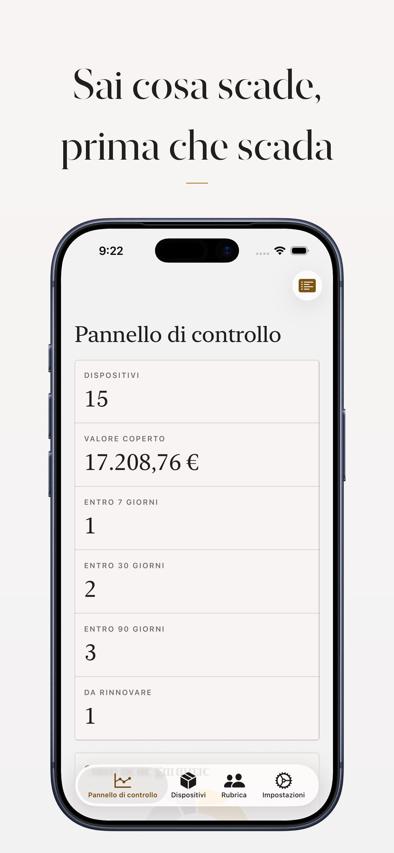 Cruscotto di Durabilis con le scadenze da sorvegliare