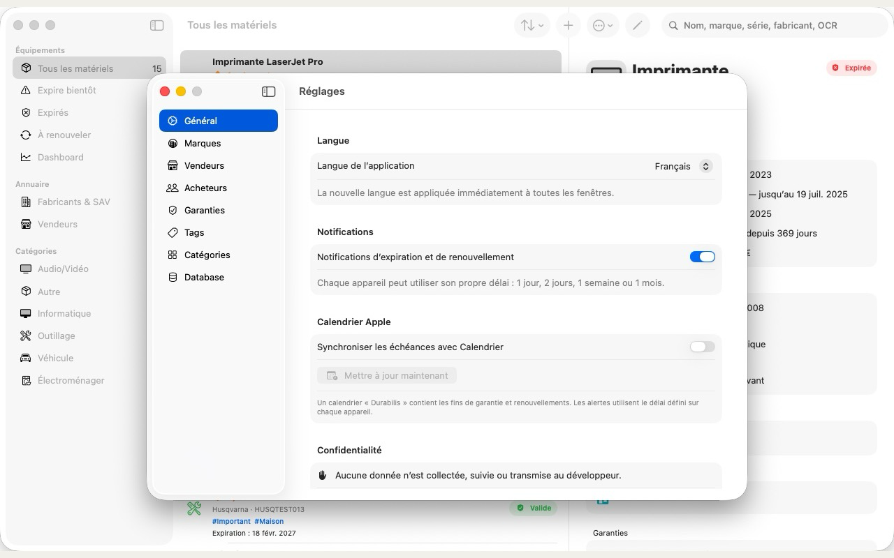 Réglages de Durabilis montrant les options de langue, notifications, calendrier et confidentialité