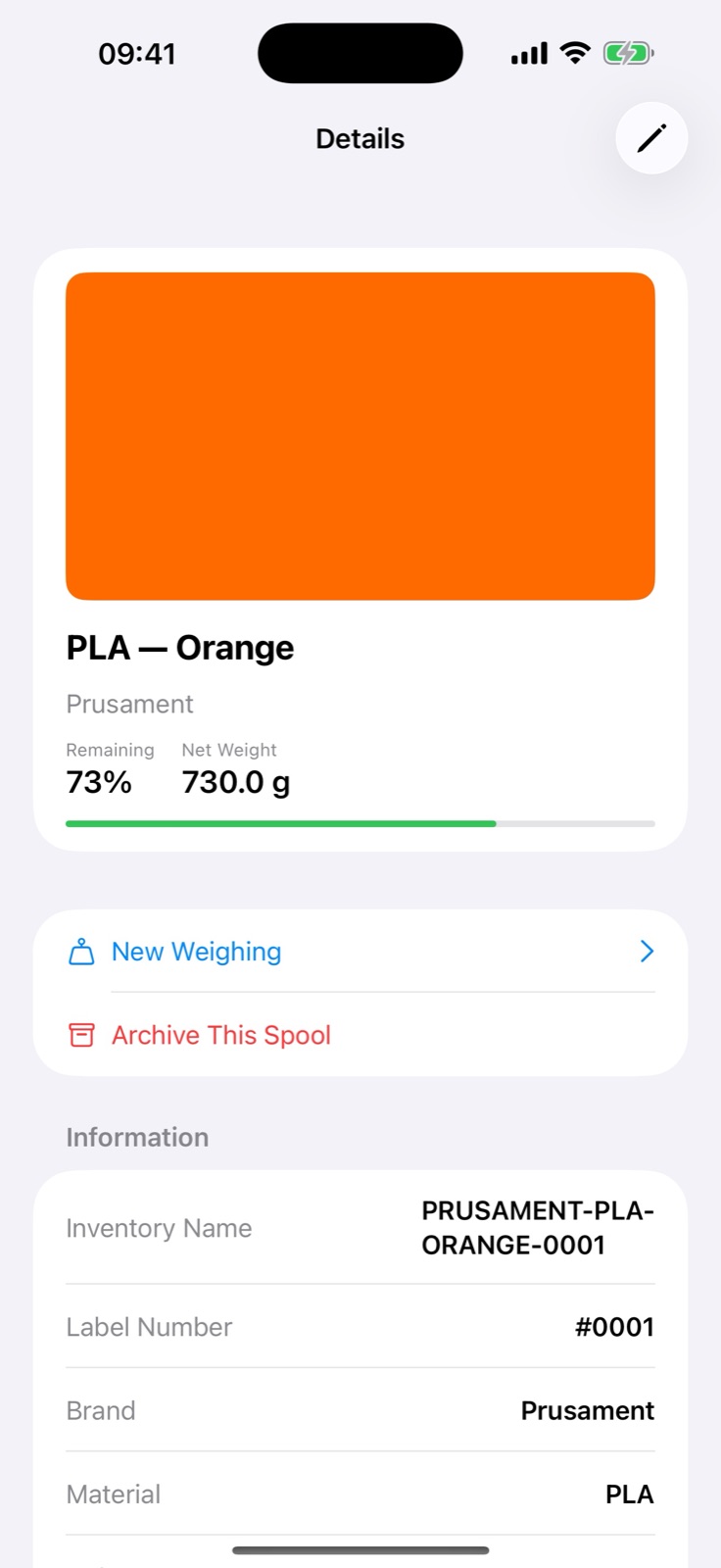 Spool details and remaining filament weight