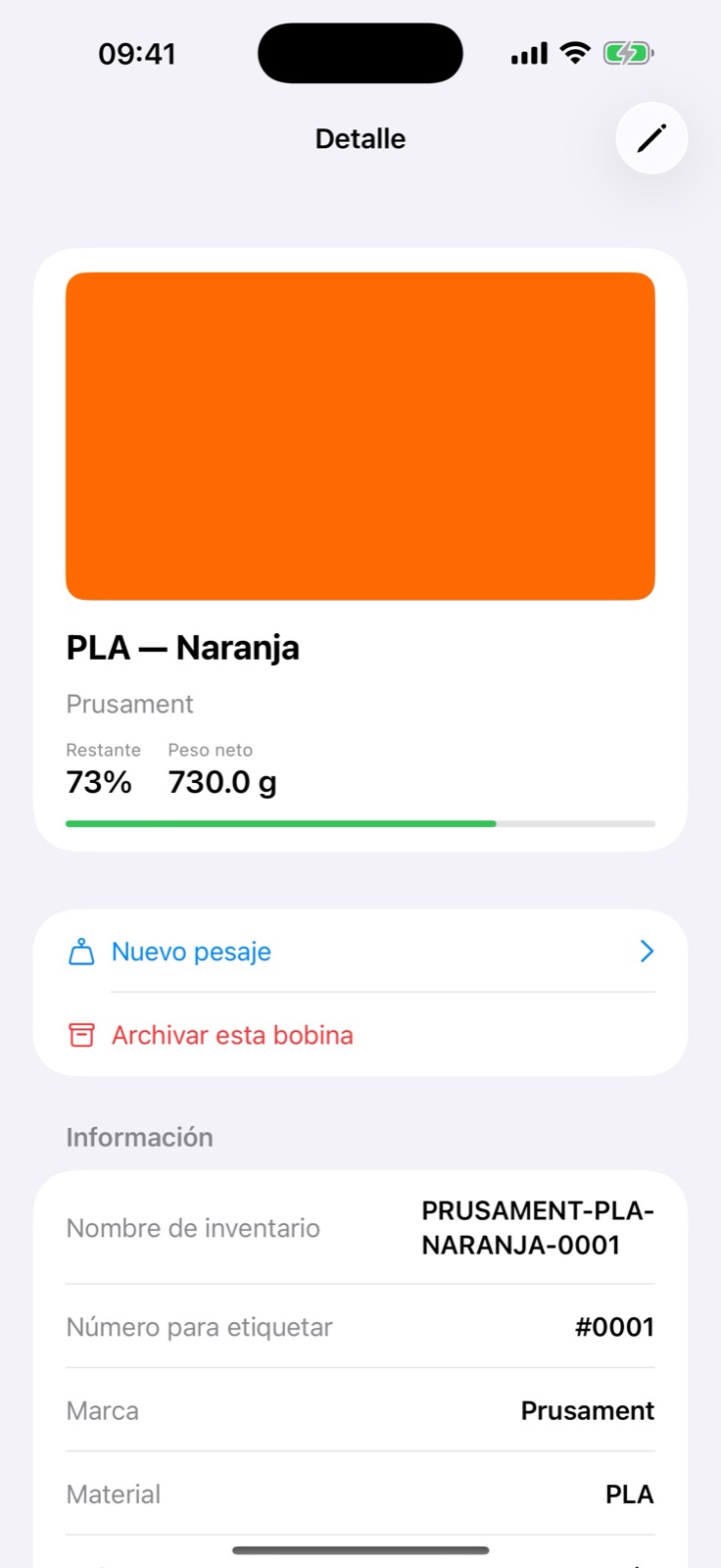 Detalle y peso restante de una bobina