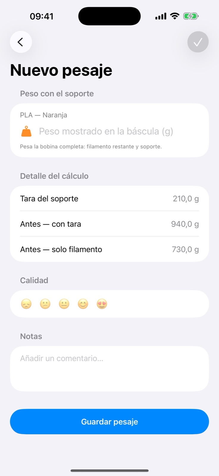 Pantalla de nuevo pesaje