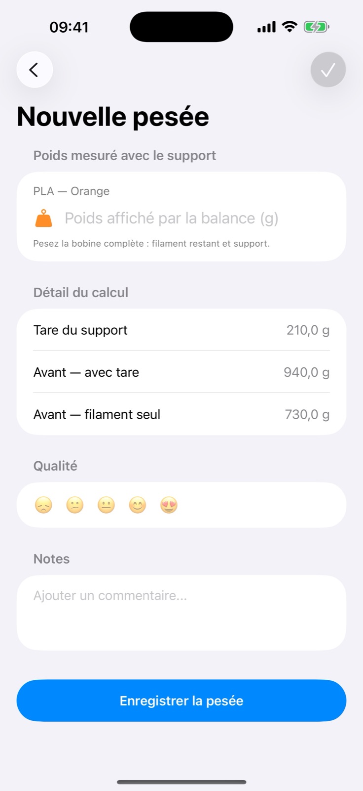 Écran de nouvelle pesée