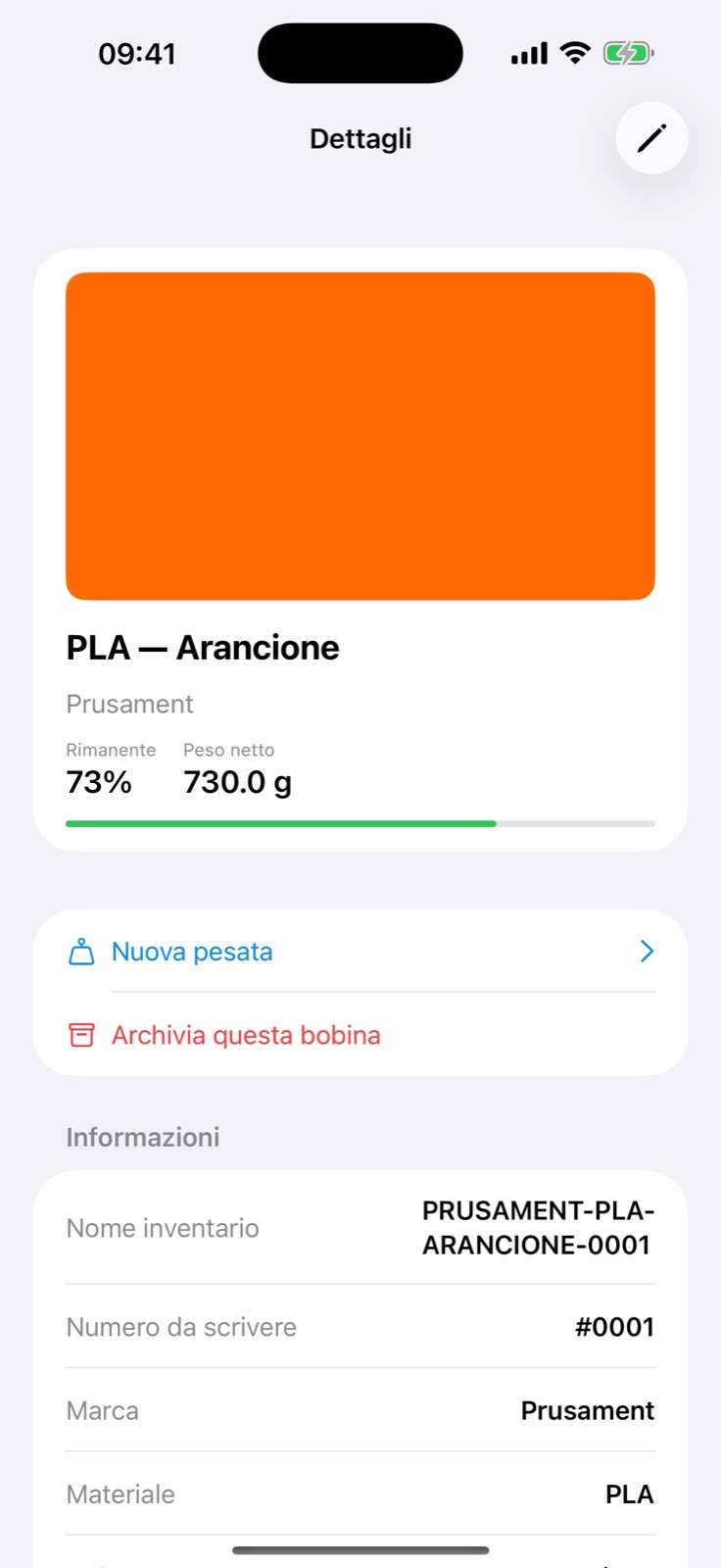 Dettagli e peso residuo di una bobina