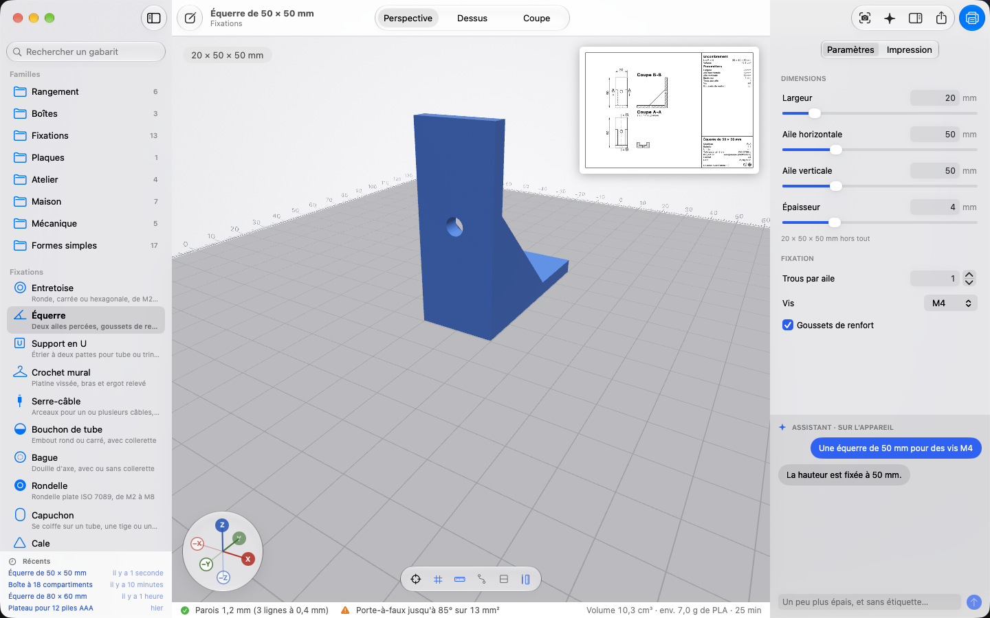 “A 50 mm angle bracket for M4 screws”: the part in 3D, its dimensions in the inspector, its drawing as a thumbnail. — Forma, Mac
