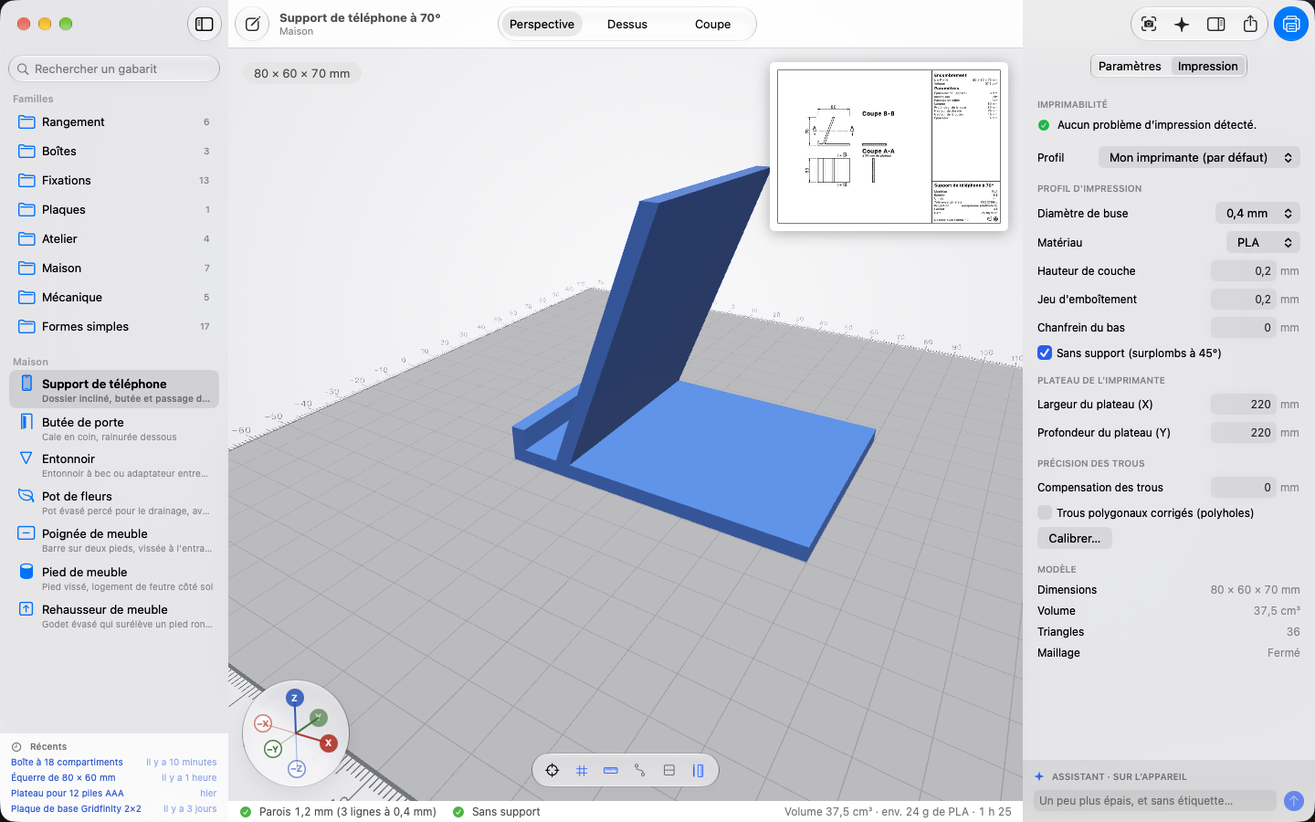 Print profile, printer bed, hole accuracy and printability findings, in the Printing tab. — Forma, Mac