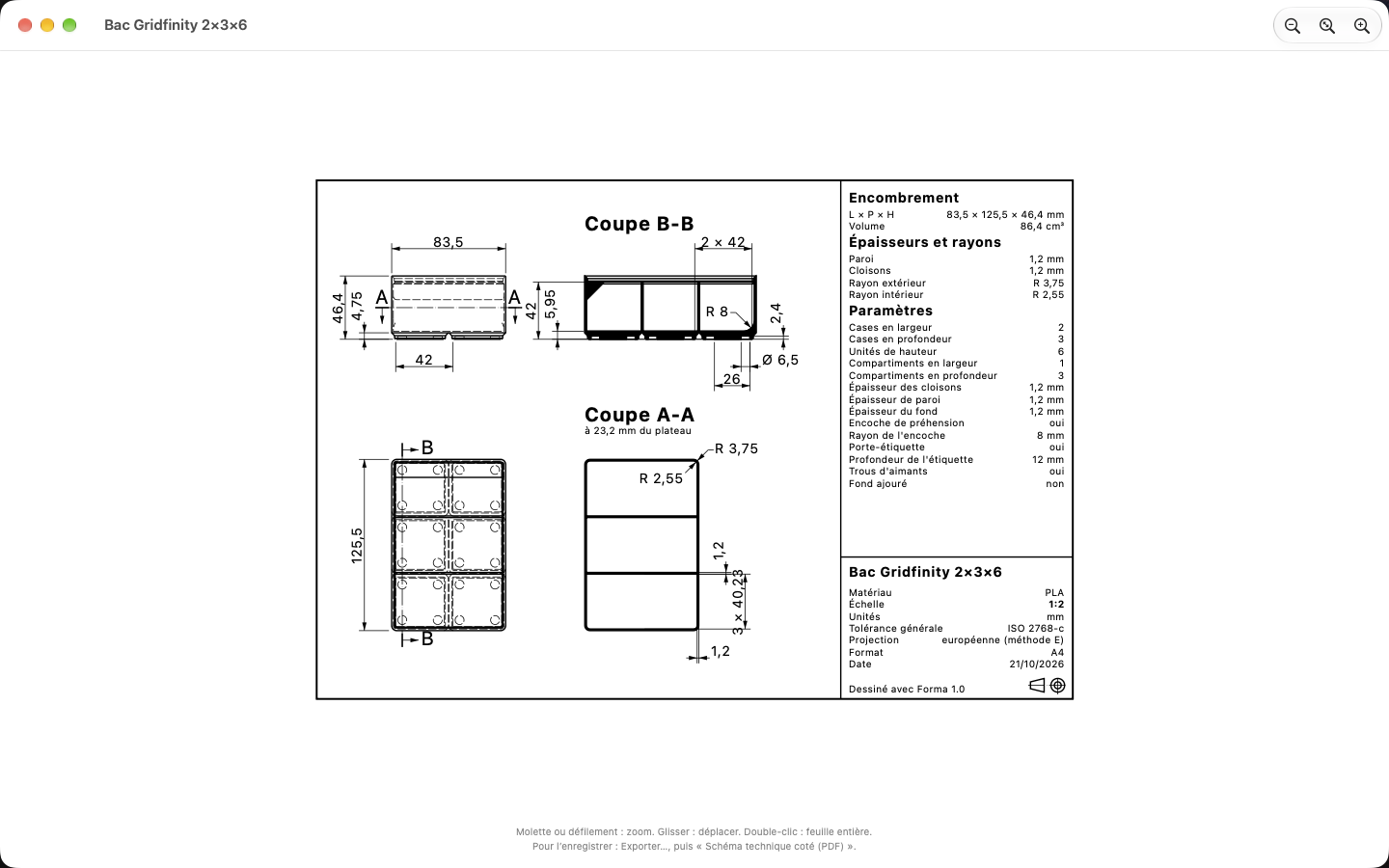 Sections, dimensions and title block, redrawn with every change, ready to print as a PDF. — Forma, Mac