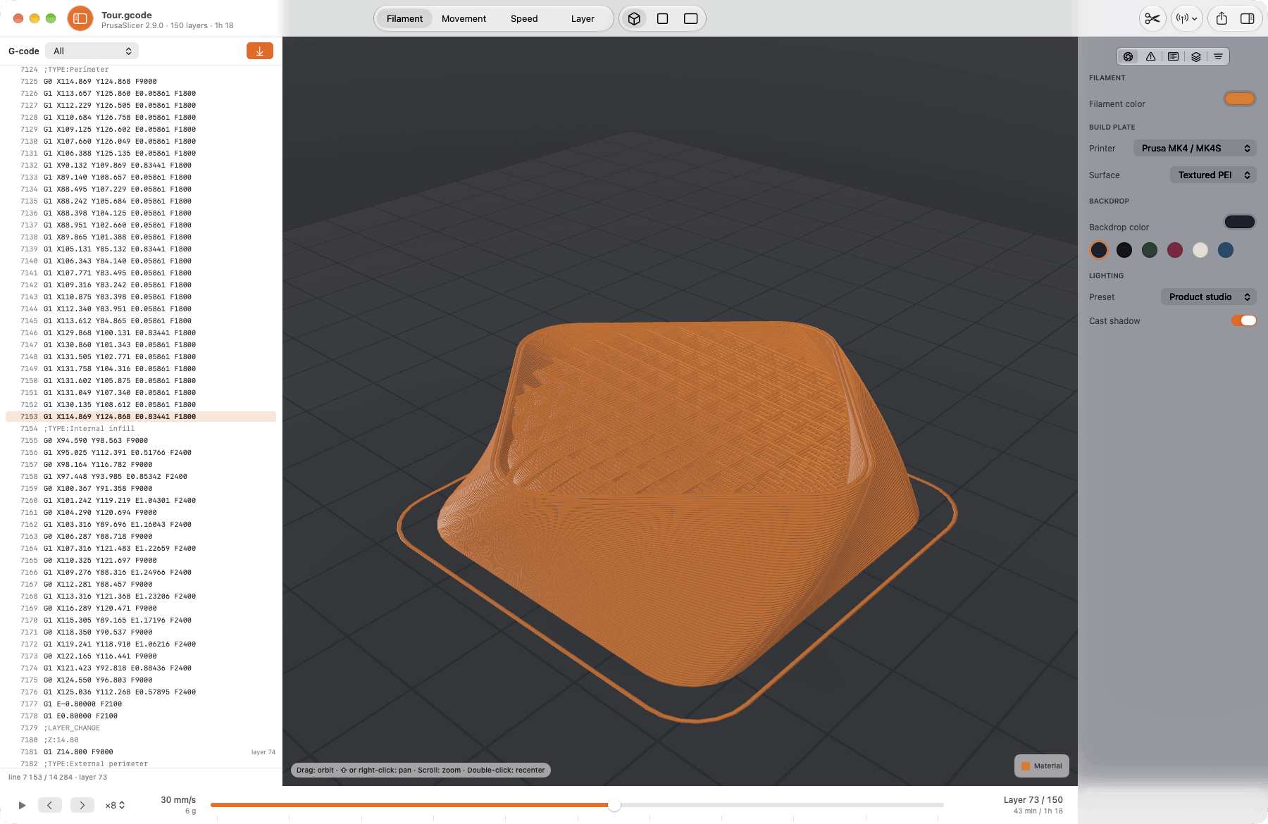 The G-code pane follows the nozzle line by line; the timeline counts layers and time. — G-CodeExplorer, Mac