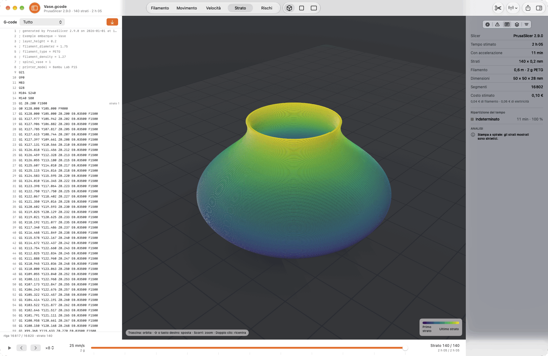 Slicer, durata stimata, filamento, dimensioni e costo, riuniti nell’inspector. — G-CodeExplorer, Mac