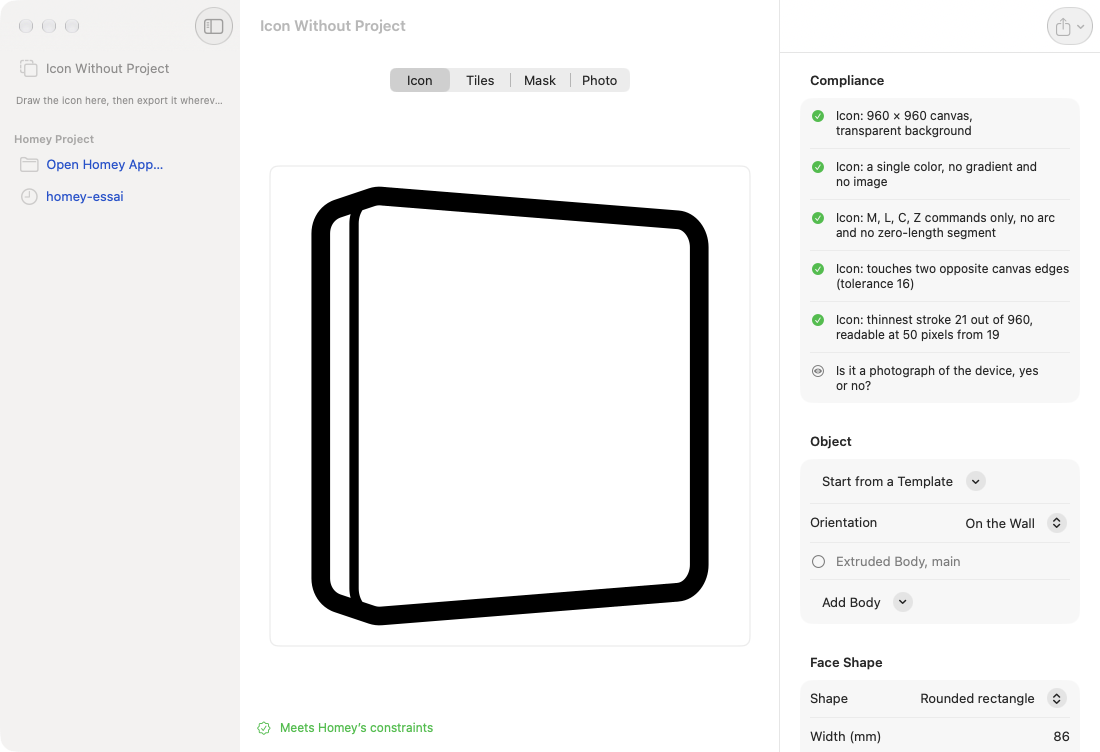 The HomeyIconGenerator editor: the icon in the middle, the compliance report and the inspector on the right