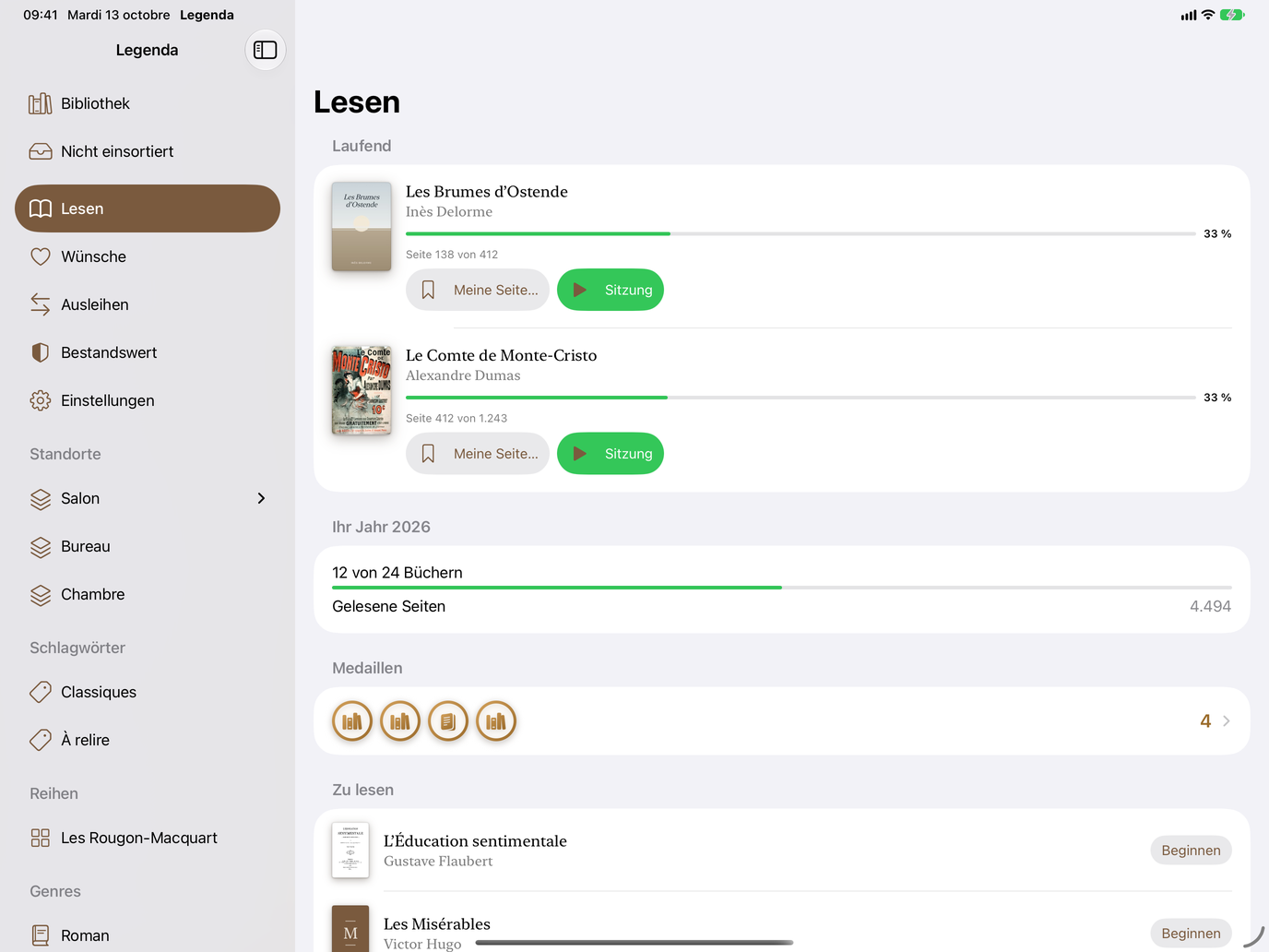 Lesen. Laufende Bücher, gelesene Seiten, Medaillen. — Legenda, iPad