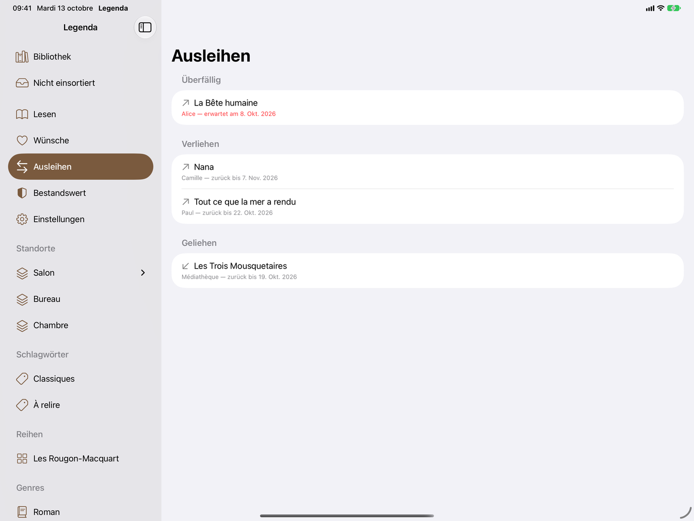 Ausleihen. Verliehen und geliehen, mit Rückgabe-Erinnerung. — Legenda, iPad