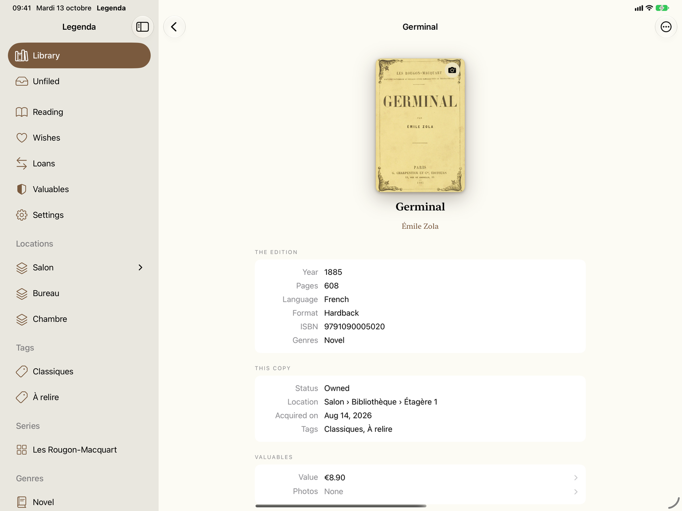Book details. Edition, location, tags and value. — Legenda, iPad