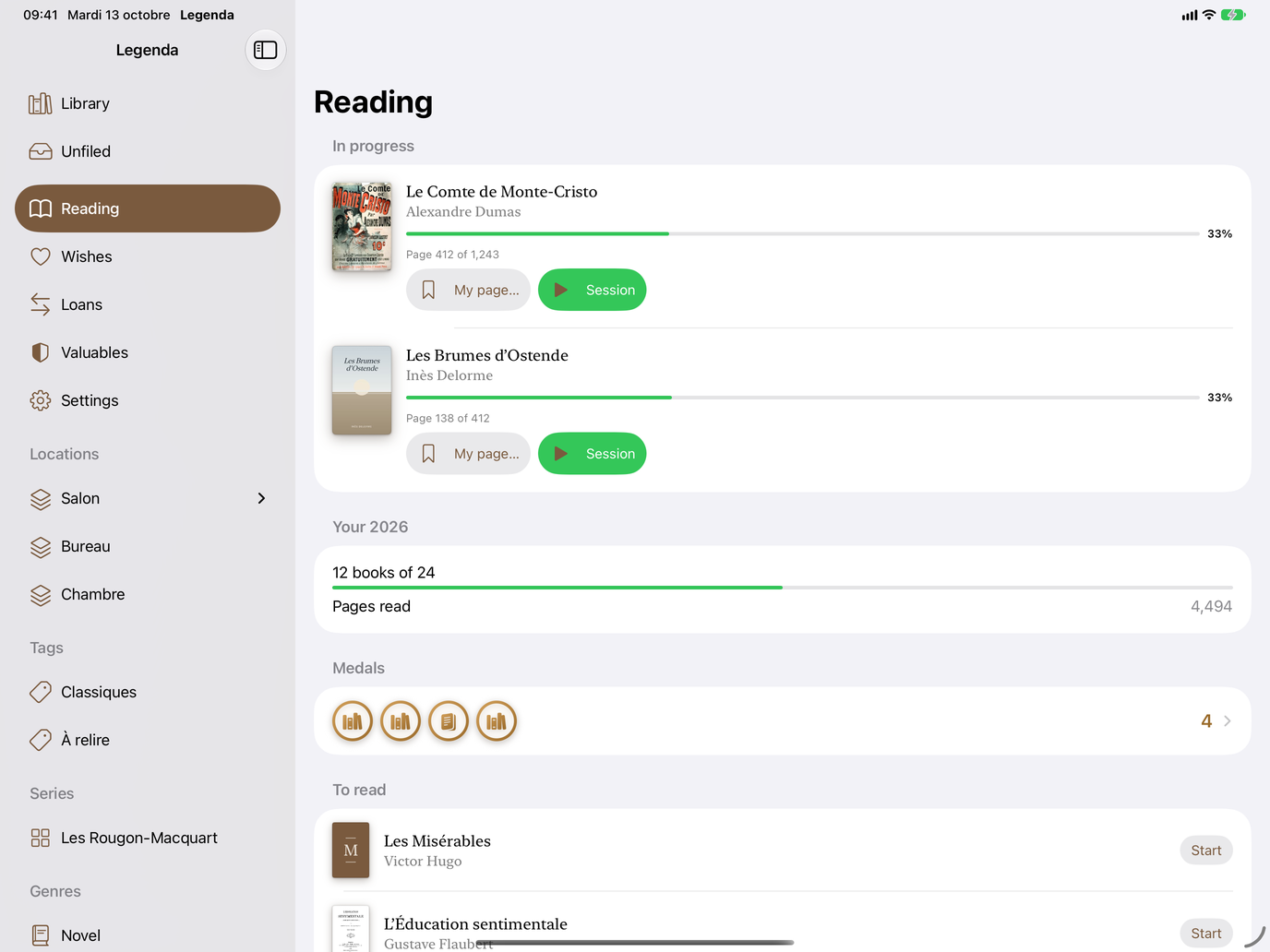 Reading. Books in progress, pages read, medals. — Legenda, iPad