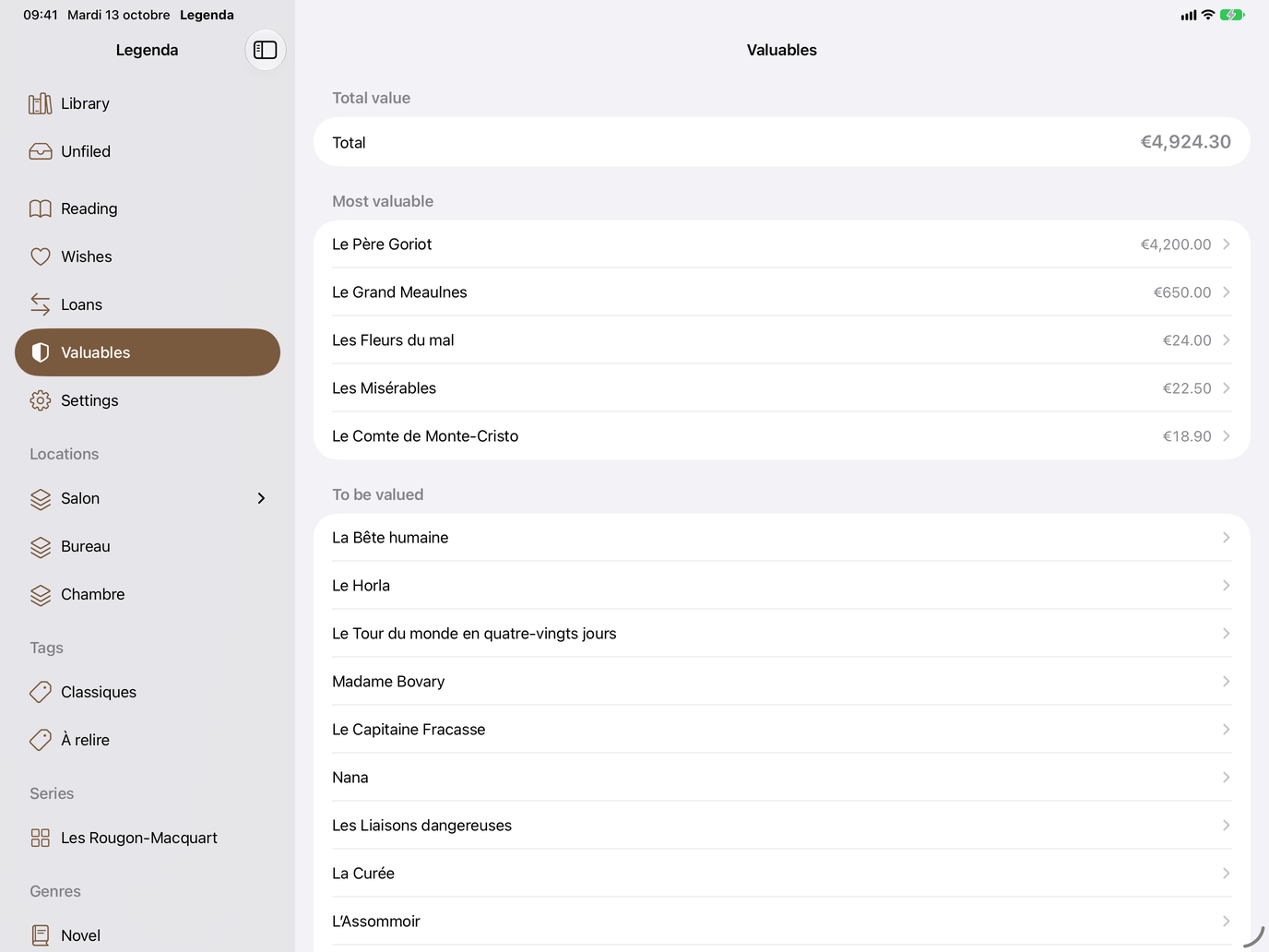 Valuables. Dated values, prized copies, PDF export. — Legenda, iPad