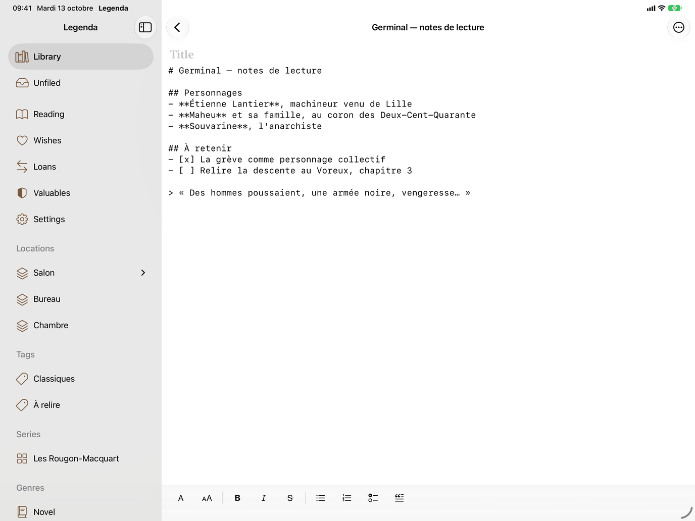 Notes. Headings, lists and quotes, with their history. — Legenda, iPad