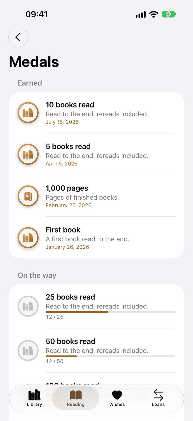 Medals. First book, reading streaks, finished series. — Legenda, iPhone
